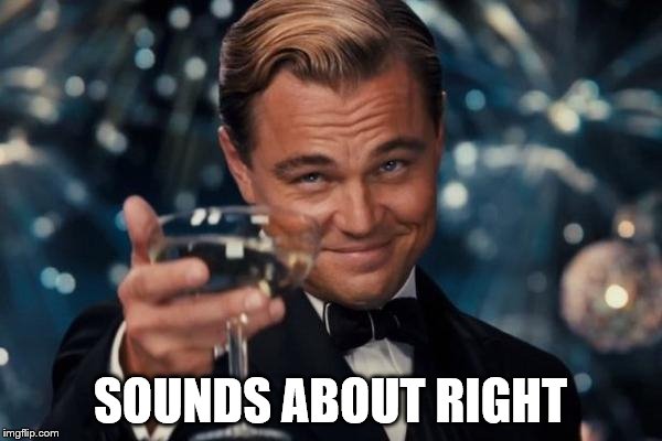 Leonardo Dicaprio Cheers Meme | SOUNDS ABOUT RIGHT | image tagged in memes,leonardo dicaprio cheers | made w/ Imgflip meme maker