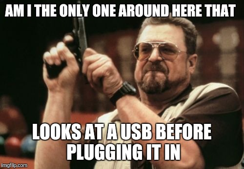 Am I The Only One Around Here | AM I THE ONLY ONE AROUND HERE THAT; LOOKS AT A USB BEFORE PLUGGING IT IN | image tagged in memes,am i the only one around here,AdviceAnimals | made w/ Imgflip meme maker