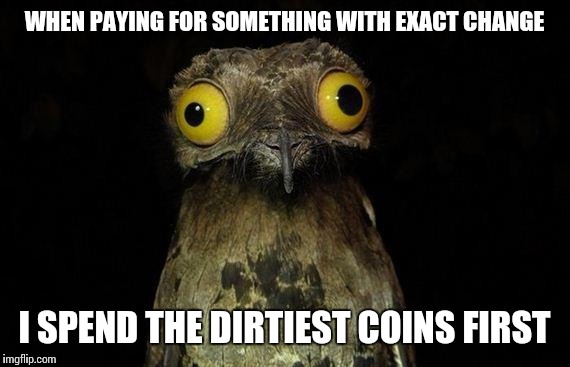 Because who doesn't live shiny, new money? | WHEN PAYING FOR SOMETHING WITH EXACT CHANGE; I SPEND THE DIRTIEST COINS FIRST | image tagged in memes,weird stuff i do potoo | made w/ Imgflip meme maker