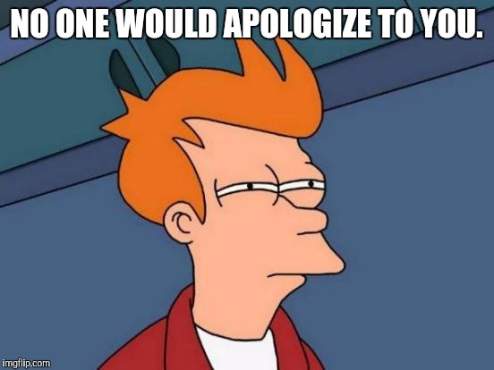 Futurama Fry Meme | NO ONE WOULD APOLOGIZE TO YOU. | image tagged in memes,futurama fry | made w/ Imgflip meme maker