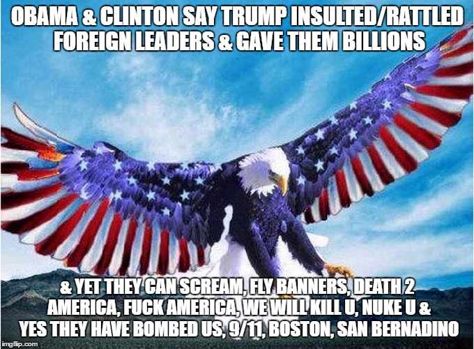 merica eagle | OBAMA & CLINTON SAY TRUMP INSULTED/RATTLED FOREIGN LEADERS & GAVE THEM BILLIONS; & YET THEY CAN SCREAM, FLY BANNERS, DEATH 2 AMERICA, FUCK AMERICA, WE WILL KILL U, NUKE U & YES THEY HAVE BOMBED US, 9/11, BOSTON, SAN BERNADINO | image tagged in merica eagle | made w/ Imgflip meme maker