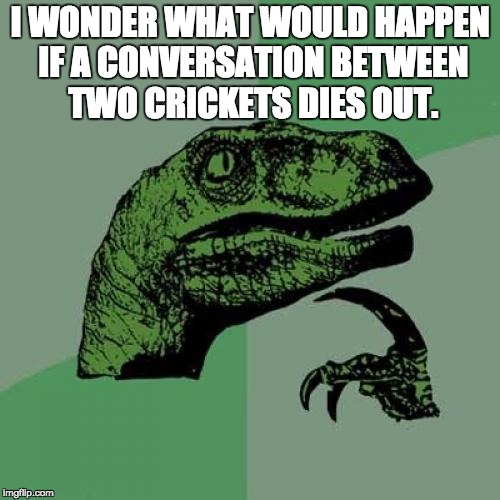 Philosoraptor Meme | I WONDER WHAT WOULD HAPPEN IF A CONVERSATION BETWEEN TWO CRICKETS DIES OUT. | image tagged in memes,philosoraptor | made w/ Imgflip meme maker