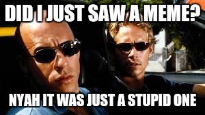 Vin diesel and O'Brian talking | DID I JUST SAW A MEME? NYAH IT WAS JUST A STUPID ONE | image tagged in fast and furious | made w/ Imgflip meme maker