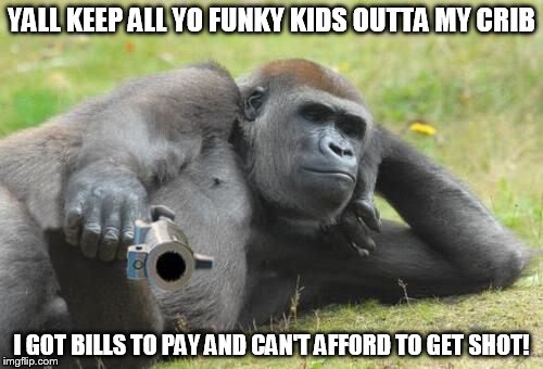 Gorilla with a gun | YALL KEEP ALL YO FUNKY KIDS OUTTA MY CRIB; I GOT BILLS TO PAY AND CAN'T AFFORD TO GET SHOT! | image tagged in gorilla with a gun | made w/ Imgflip meme maker