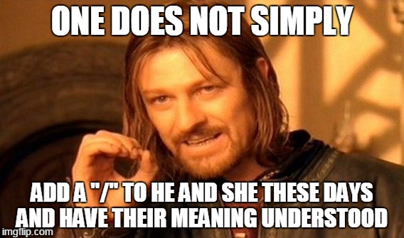 One Does Not Simply Meme | ONE DOES NOT SIMPLY ADD A "/" TO HE AND SHE THESE DAYS AND HAVE THEIR MEANING UNDERSTOOD | image tagged in memes,one does not simply | made w/ Imgflip meme maker
