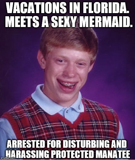 love is in the air this spring | VACATIONS IN FLORIDA. MEETS A SEXY MERMAID. ARRESTED FOR DISTURBING AND HARASSING PROTECTED MANATEE | image tagged in memes,bad luck brian,mermaid,florida | made w/ Imgflip meme maker