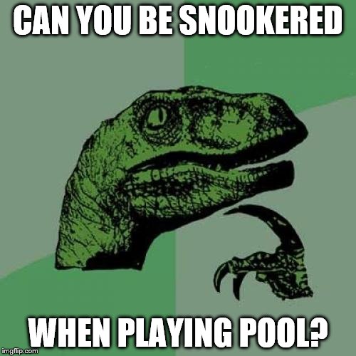 Snooker is like a big version of pool... | CAN YOU BE SNOOKERED; WHEN PLAYING POOL? | image tagged in memes,philosoraptor,snooker,pool,sport | made w/ Imgflip meme maker