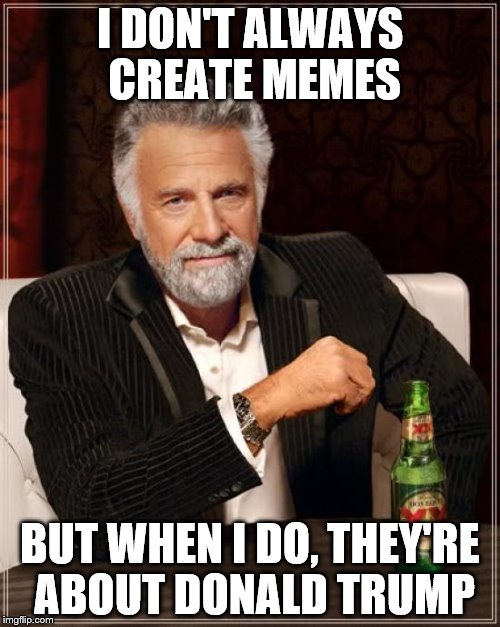 The Most Interesting Man In The World Meme | I DON'T ALWAYS CREATE MEMES; BUT WHEN I DO, THEY'RE ABOUT DONALD TRUMP | image tagged in memes,the most interesting man in the world | made w/ Imgflip meme maker
