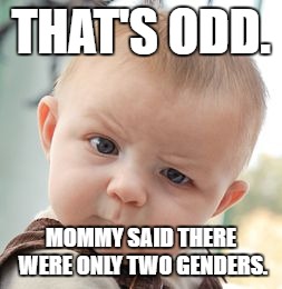 Tumblr later came to this baby's house and gave him a right telling off. | THAT'S ODD. MOMMY SAID THERE WERE ONLY TWO GENDERS. | image tagged in memes,skeptical baby,gender,tumblr,transgender,triggered | made w/ Imgflip meme maker