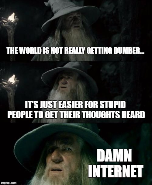 The Curse of the Internet | THE WORLD IS NOT REALLY GETTING DUMBER... IT'S JUST EASIER FOR STUPID PEOPLE TO GET THEIR THOUGHTS HEARD; DAMN INTERNET | image tagged in memes,confused gandalf,funny,internet,dumb,stupid | made w/ Imgflip meme maker