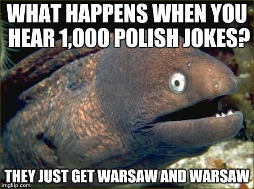 Bad Joke Eel | WHAT HAPPENS WHEN YOU HEAR 1,000 POLISH JOKES? THEY JUST GET WARSAW AND WARSAW | image tagged in memes,bad joke eel,milkshake | made w/ Imgflip meme maker
