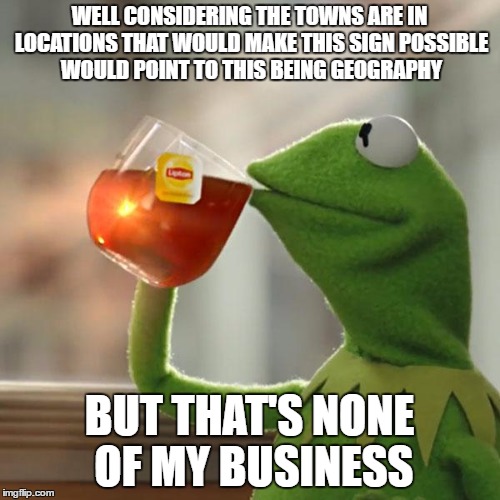 But That's None Of My Business Meme | WELL CONSIDERING THE TOWNS ARE IN LOCATIONS THAT WOULD MAKE THIS SIGN POSSIBLE WOULD POINT TO THIS BEING GEOGRAPHY BUT THAT'S NONE OF MY BUS | image tagged in memes,but thats none of my business,kermit the frog | made w/ Imgflip meme maker
