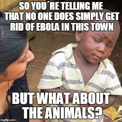 Third World Skeptical Kid | SO YOU´RE TELLING ME THAT NO ONE DOES SIMPLY GET RID OF EBOLA IN THIS TOWN; BUT WHAT ABOUT THE ANIMALS? | image tagged in memes,third world skeptical kid | made w/ Imgflip meme maker