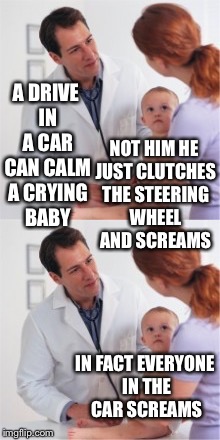 Here's a way to calm a crying baby | A DRIVE IN A CAR CAN CALM A CRYING BABY; NOT HIM HE JUST CLUTCHES THE STEERING WHEEL AND SCREAMS; IN FACT EVERYONE IN THE CAR SCREAMS | image tagged in baby,memes | made w/ Imgflip meme maker