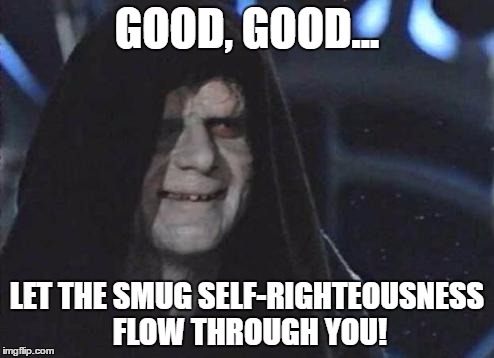 Emperor Palpatine  | GOOD, GOOD... LET THE SMUG SELF-RIGHTEOUSNESS FLOW THROUGH YOU! | image tagged in emperor palpatine | made w/ Imgflip meme maker