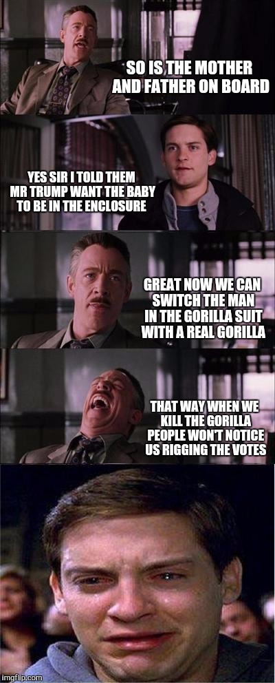 Peter Parker Cry | SO IS THE MOTHER AND FATHER ON BOARD; YES SIR I TOLD THEM MR TRUMP WANT THE BABY TO BE IN THE ENCLOSURE; GREAT NOW WE CAN SWITCH THE MAN IN THE GORILLA SUIT WITH A REAL GORILLA; THAT WAY WHEN WE KILL THE GORILLA PEOPLE WON'T NOTICE US RIGGING THE VOTES | image tagged in memes,peter parker cry | made w/ Imgflip meme maker