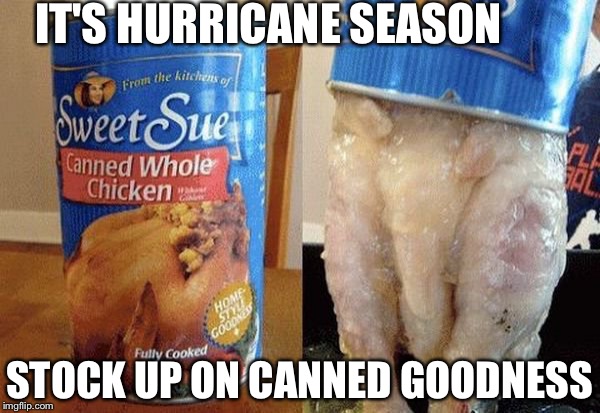 Canned home style goodness | IT'S HURRICANE SEASON; STOCK UP ON CANNED GOODNESS | image tagged in canned whole chicken,hurricane,memes | made w/ Imgflip meme maker