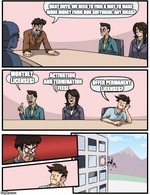 Corporate Software Meeting | OKAY GUYS, WE NEED TO FIND A WAY TO MAKE MORE MONEY FROM OUR SOFTWARE. ANY IDEAS? ACTIVATION AND TERMINATION FEES! MONTHLY LICENSES! OFFER PERMANENT LICENSES? | image tagged in memes,boardroom meeting suggestion,software,fees,monthly,bills | made w/ Imgflip meme maker