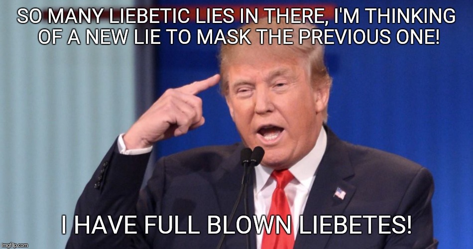 SO MANY LIEBETIC LIES IN THERE, I'M THINKING OF A NEW LIE TO MASK THE PREVIOUS ONE! I HAVE FULL BLOWN LIEBETES! | image tagged in donald trump | made w/ Imgflip meme maker