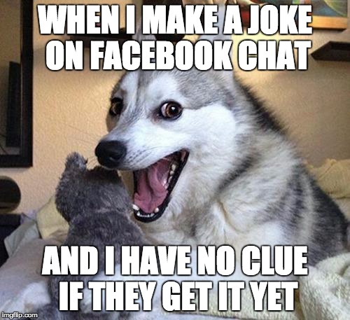 The suspense is brutal... | WHEN I MAKE A JOKE ON FACEBOOK CHAT; AND I HAVE NO CLUE IF THEY GET IT YET | image tagged in pun dog,facebook | made w/ Imgflip meme maker