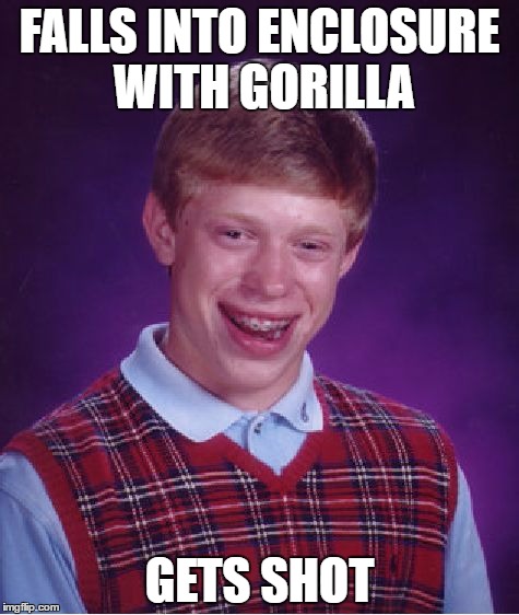 Bad Luck Brian Meme | FALLS INTO ENCLOSURE WITH GORILLA; GETS SHOT | image tagged in memes,bad luck brian | made w/ Imgflip meme maker