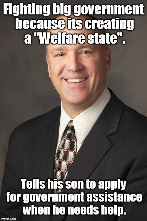 Conservative CEO | Fighting big government because its creating a "Welfare state". Tells his son to apply for government assistance when he needs help. | image tagged in conservative ceo | made w/ Imgflip meme maker