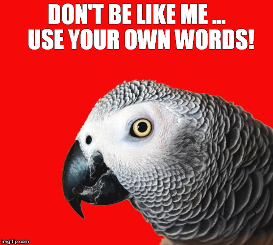 No Parrots (Use Your Own Words) | DON'T BE LIKE ME ... 
USE YOUR OWN WORDS! | image tagged in antiplagiarism,plagiarism,parroting,melania trump | made w/ Imgflip meme maker