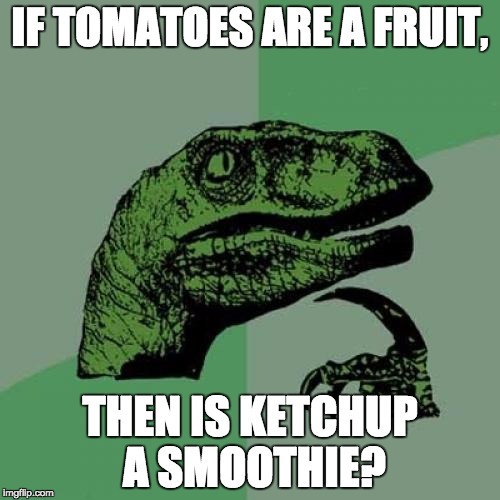 Philosoraptor | IF TOMATOES ARE A FRUIT, THEN IS KETCHUP A SMOOTHIE? | image tagged in memes,philosoraptor | made w/ Imgflip meme maker
