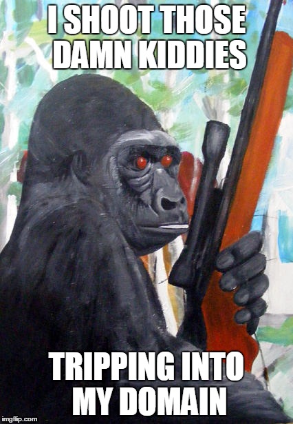 gorillakilla | I SHOOT THOSE DAMN KIDDIES; TRIPPING INTO MY DOMAIN | image tagged in gorillakilla | made w/ Imgflip meme maker