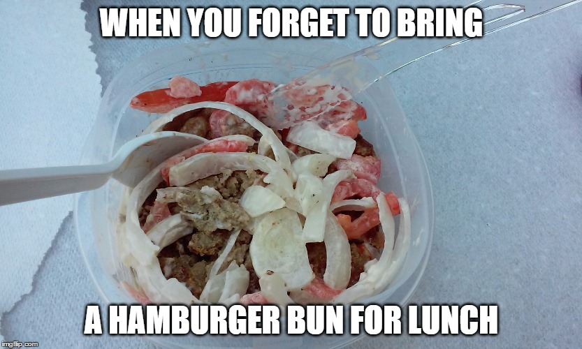 Food Fail | WHEN YOU FORGET TO BRING; A HAMBURGER BUN FOR LUNCH | image tagged in food,fail,hamburger,lunch,work | made w/ Imgflip meme maker