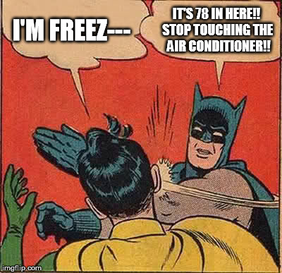 Batman Slapping Robin Meme | I'M FREEZ---; IT'S 78 IN HERE!! STOP TOUCHING THE  AIR CONDITIONER!! | image tagged in memes,batman slapping robin | made w/ Imgflip meme maker