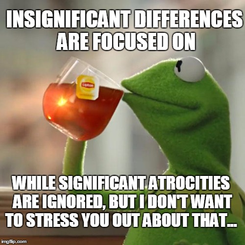 But That's None Of My Business Meme | INSIGNIFICANT DIFFERENCES ARE FOCUSED ON; WHILE SIGNIFICANT ATROCITIES ARE IGNORED, BUT I DON'T WANT TO STRESS YOU OUT ABOUT THAT... | image tagged in memes,but thats none of my business,kermit the frog | made w/ Imgflip meme maker