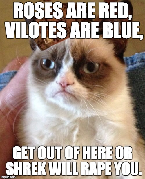 Grumpy Cat Meme | ROSES ARE RED, VILOTES ARE BLUE, GET OUT OF HERE OR SHREK WILL **PE YOU. | image tagged in memes,grumpy cat,scumbag | made w/ Imgflip meme maker