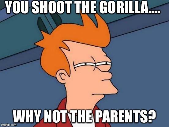 Futurama Fry | YOU SHOOT THE GORILLA.... WHY NOT THE PARENTS? | image tagged in memes,futurama fry | made w/ Imgflip meme maker