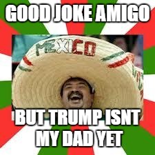 Mexican Fiesta | GOOD JOKE AMIGO; BUT TRUMP ISNT MY DAD YET | image tagged in mexican fiesta | made w/ Imgflip meme maker