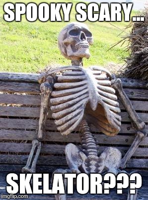 Waiting Skeleton Meme | SPOOKY SCARY... SKELATOR??? | image tagged in memes,waiting skeleton | made w/ Imgflip meme maker