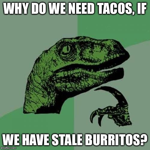 Philosoraptor | WHY DO WE NEED TACOS, IF; WE HAVE STALE BURRITOS? | image tagged in memes,philosoraptor | made w/ Imgflip meme maker