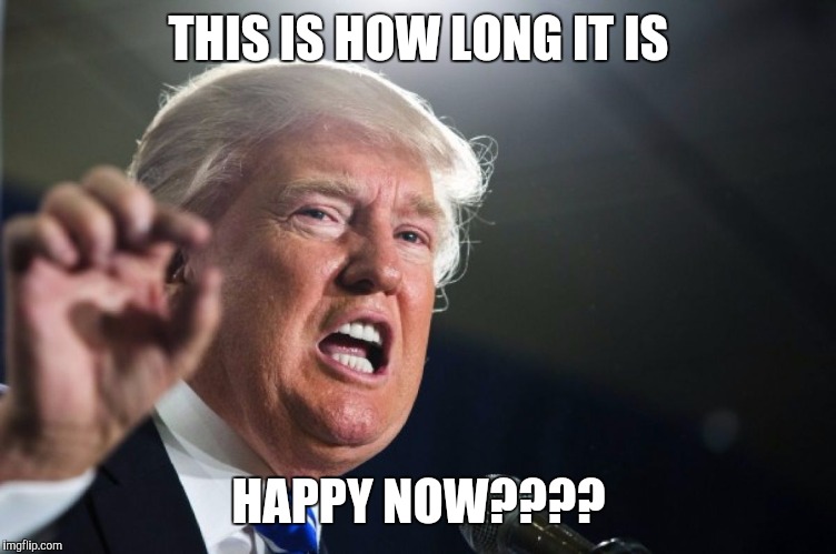 Rubio got his answer | THIS IS HOW LONG IT IS; HAPPY NOW???? | image tagged in donald trump,memes,marco rubio | made w/ Imgflip meme maker