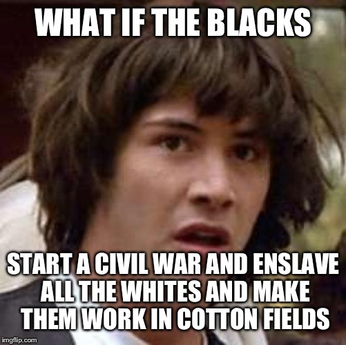 Conspiracy Keanu Meme | WHAT IF THE BLACKS START A CIVIL WAR AND ENSLAVE ALL THE WHITES AND MAKE THEM WORK IN COTTON FIELDS | image tagged in memes,conspiracy keanu | made w/ Imgflip meme maker