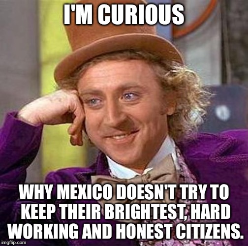 Creepy Condescending Wonka Meme | I'M CURIOUS WHY MEXICO DOESN'T TRY TO KEEP THEIR BRIGHTEST, HARD WORKING AND HONEST CITIZENS. | image tagged in memes,creepy condescending wonka | made w/ Imgflip meme maker