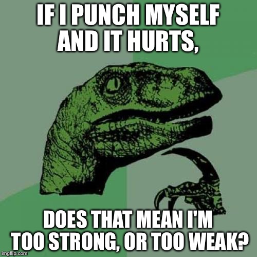 Philosoraptor | IF I PUNCH MYSELF AND IT HURTS, DOES THAT MEAN I'M TOO STRONG, OR TOO WEAK? | image tagged in memes,philosoraptor | made w/ Imgflip meme maker