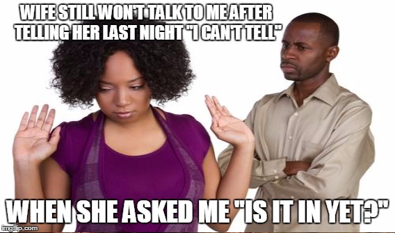 WIFE STILL WON'T TALK TO ME AFTER TELLING HER LAST NIGHT "I CAN'T TELL" WHEN SHE ASKED ME "IS IT IN YET?" | made w/ Imgflip meme maker