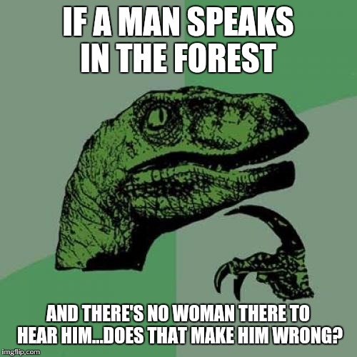 Philosoraptor Meme | IF A MAN SPEAKS IN THE FOREST; AND THERE'S NO WOMAN THERE TO HEAR HIM...DOES THAT MAKE HIM WRONG? | image tagged in memes,philosoraptor | made w/ Imgflip meme maker