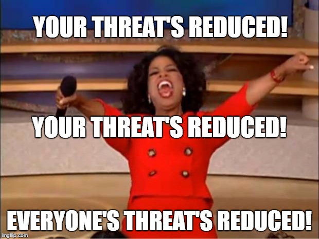 Oprah You Get A Meme | YOUR THREAT'S REDUCED! YOUR THREAT'S REDUCED! EVERYONE'S THREAT'S REDUCED! | image tagged in memes,oprah you get a | made w/ Imgflip meme maker