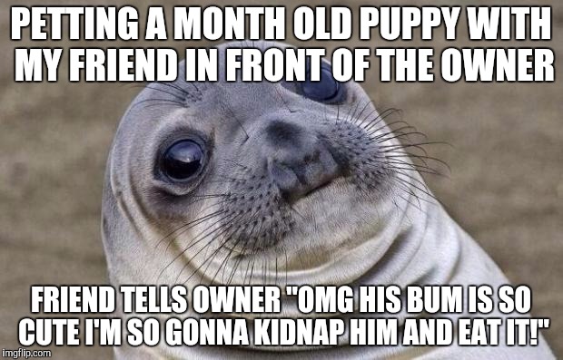 Awkward Moment Sealion Meme | PETTING A MONTH OLD PUPPY WITH MY FRIEND IN FRONT OF THE OWNER; FRIEND TELLS OWNER "OMG HIS BUM IS SO CUTE I'M SO GONNA KIDNAP HIM AND EAT IT!" | image tagged in memes,awkward moment sealion,AdviceAnimals | made w/ Imgflip meme maker