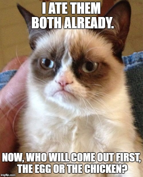 Grumpy Cat Meme | I ATE THEM BOTH ALREADY. NOW, WHO WILL COME OUT FIRST, THE EGG OR THE CHICKEN? | image tagged in memes,grumpy cat | made w/ Imgflip meme maker