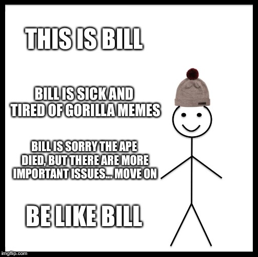 Be Like Bill | THIS IS BILL; BILL IS SICK AND TIRED OF GORILLA MEMES; BILL IS SORRY THE APE DIED, BUT THERE ARE MORE IMPORTANT ISSUES... MOVE ON; BE LIKE BILL | image tagged in memes,be like bill | made w/ Imgflip meme maker