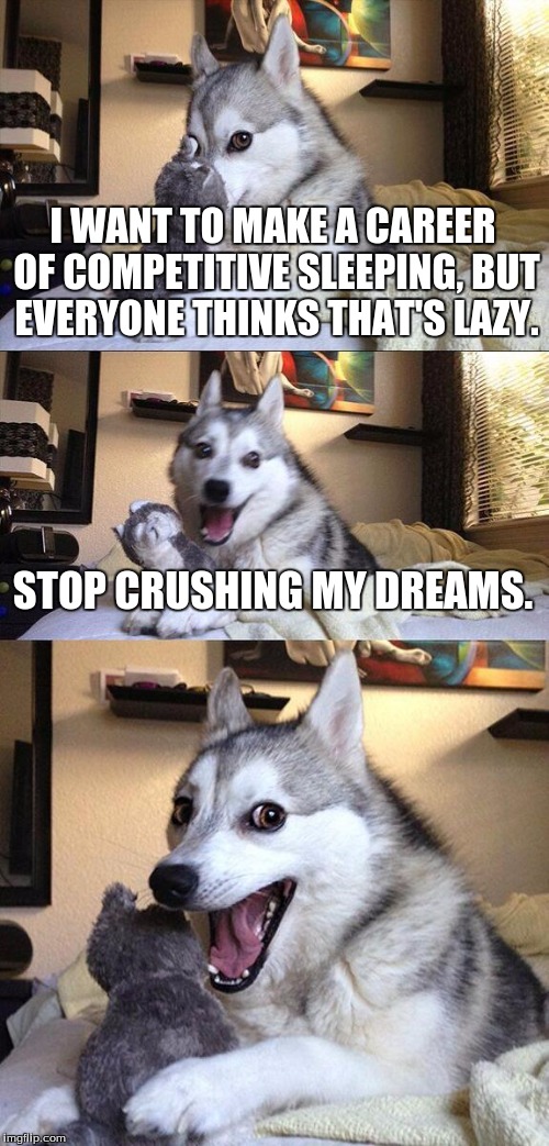 He seems awful happy about this. | I WANT TO MAKE A CAREER OF COMPETITIVE SLEEPING, BUT EVERYONE THINKS THAT'S LAZY. STOP CRUSHING MY DREAMS. | image tagged in memes,bad pun dog,dreams,crush,funny memes | made w/ Imgflip meme maker