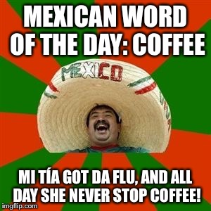 succesful mexican | MEXICAN WORD OF THE DAY: COFFEE; MI TÍA GOT DA FLU, AND ALL DAY SHE NEVER STOP COFFEE! | image tagged in succesful mexican | made w/ Imgflip meme maker
