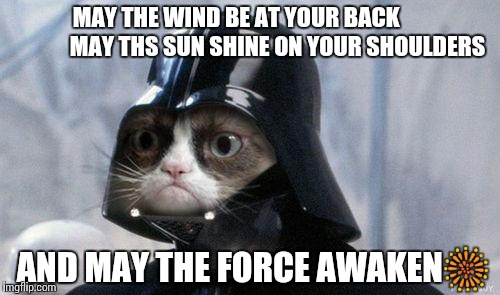 MAY THE SUN SHINE ON YOUR SHOULDERS | MAY THE WIND BE AT YOUR BACK
              



    MAY THS SUN SHINE ON YOUR SHOULDERS; AND MAY THE FORCE AWAKEN🎆 | image tagged in memes,grumpy cat star wars,grumpy cat | made w/ Imgflip meme maker